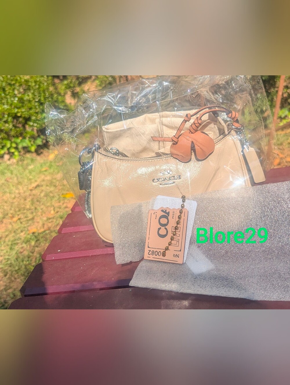 COACH Ticket Tag And i mini Glazed Leather crossbody strap, Deluxe Dust Bag